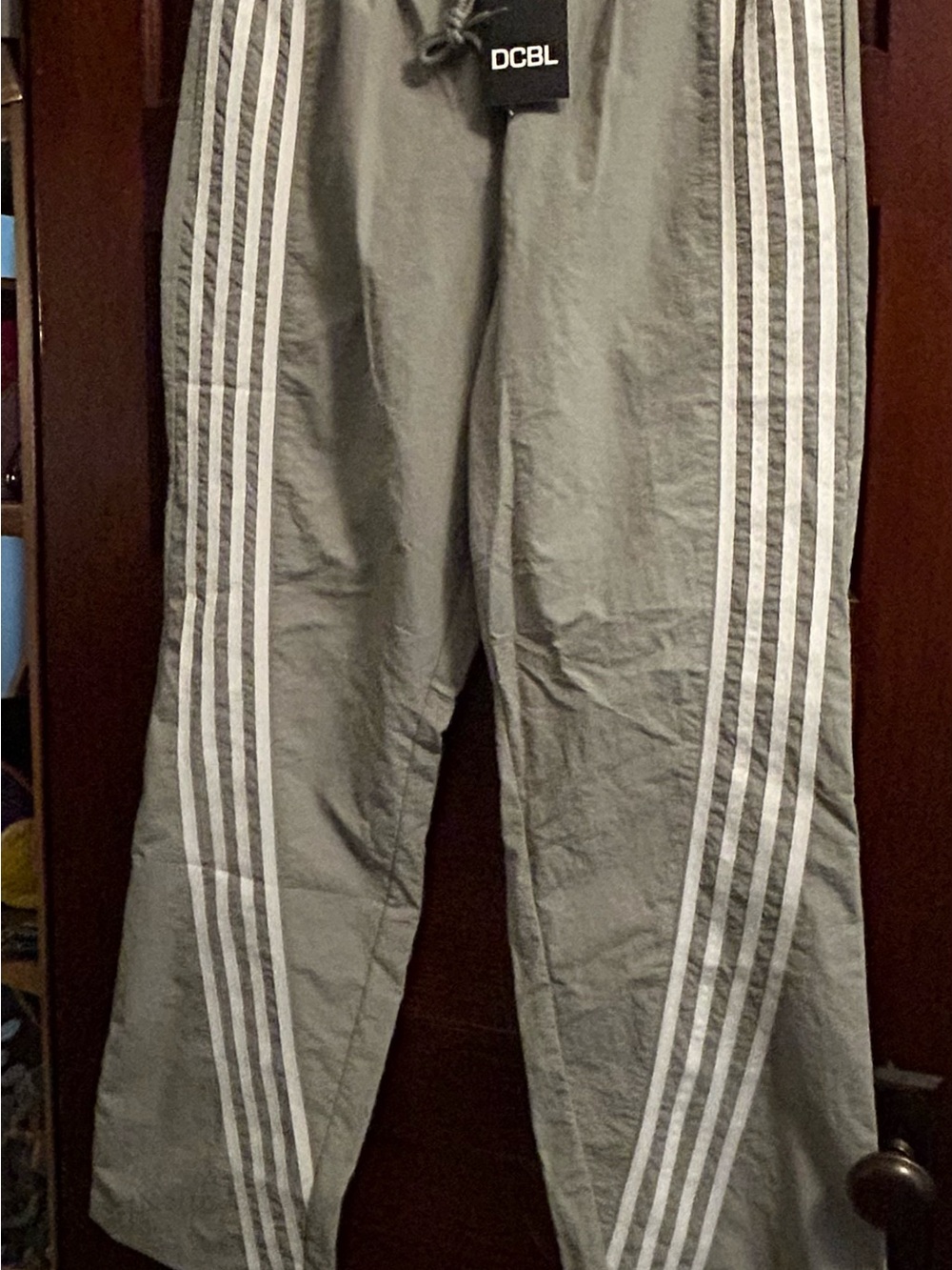 Men's Gray Track Pants with White Side Stripes - Size Large DCBL